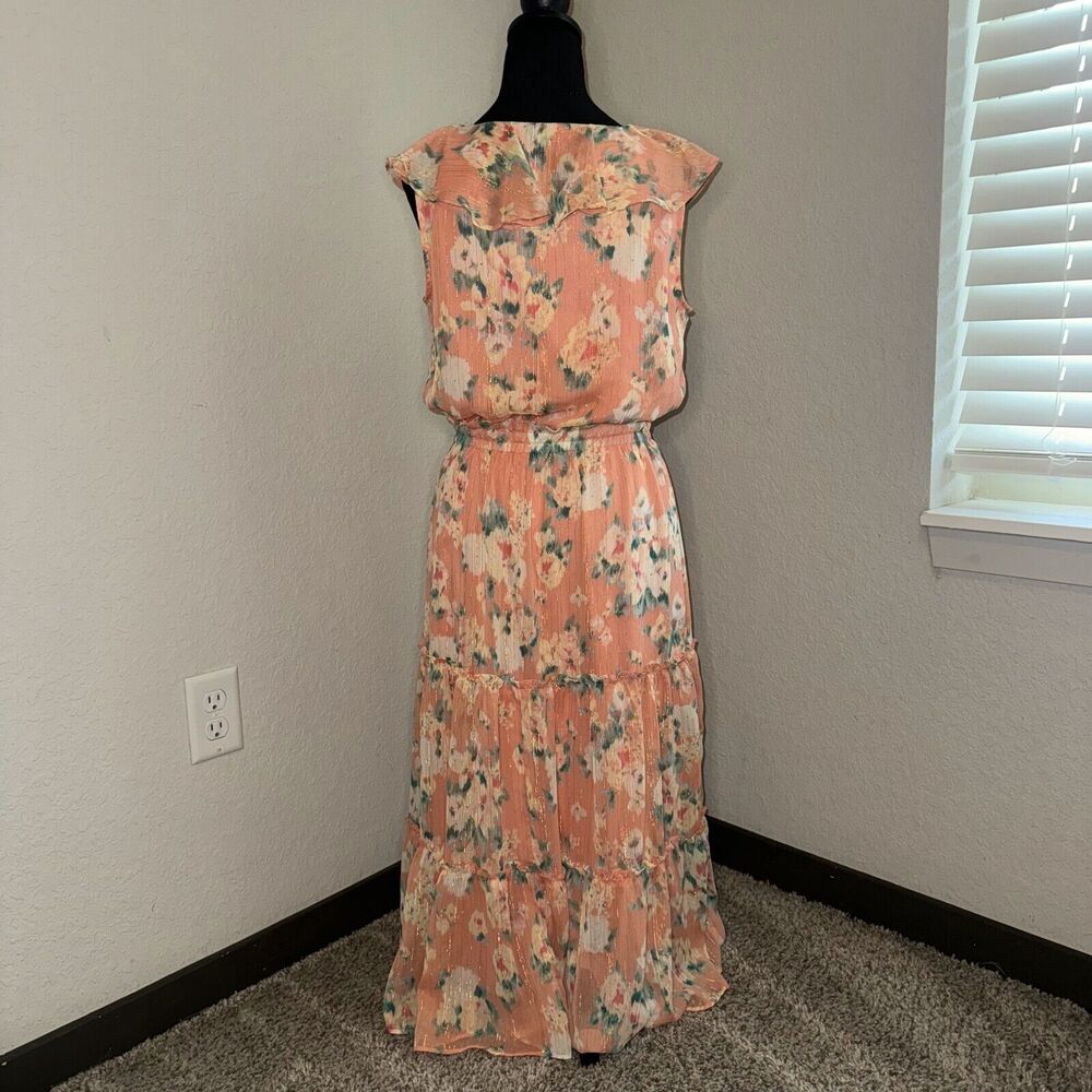 LC Lauren Conrad Maxi Dress Women's Medium Peach Floral Lined Ruffle Tiered - Picture 3 of 7